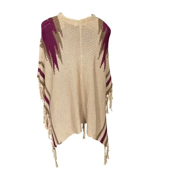 Beige Knit Fringe Poncho With Wooden Button Closure & Burgundy Stripes By Lovely - Picture 4 of 7